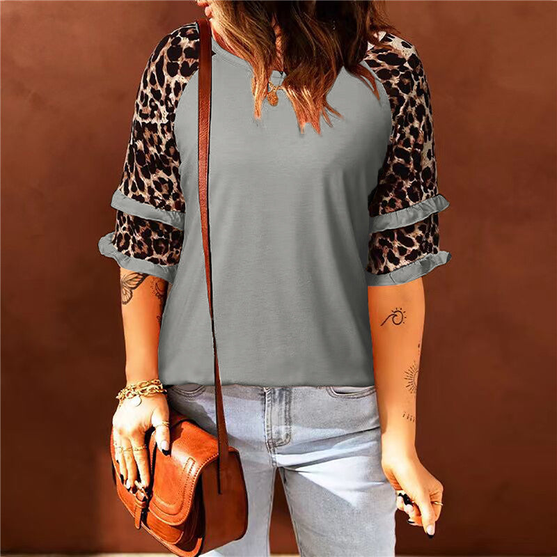 Leopard Sleeve Round Neck Classic Blouse Top