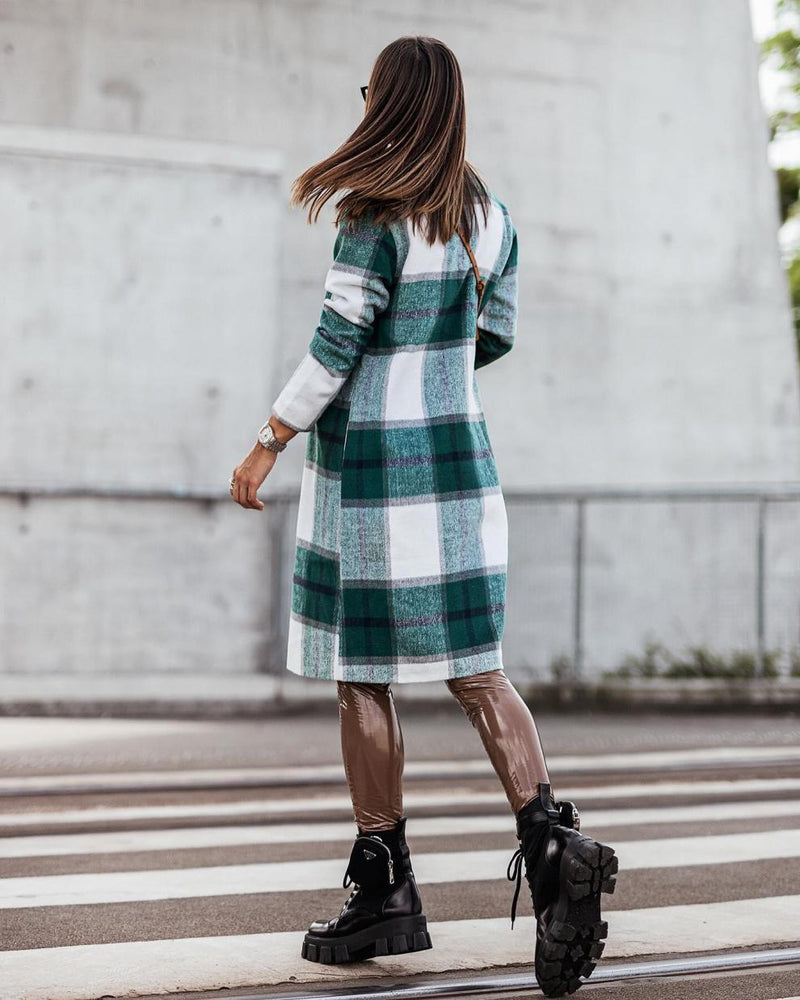 Longue Veste Cardigan en Laine à Carreaux Manches Longues