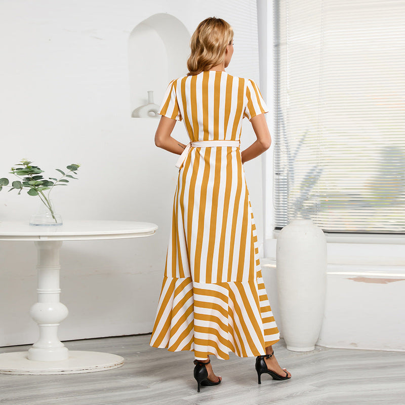 Fashion V-Neck Short Sleeve Striped Loose Maxi Dress