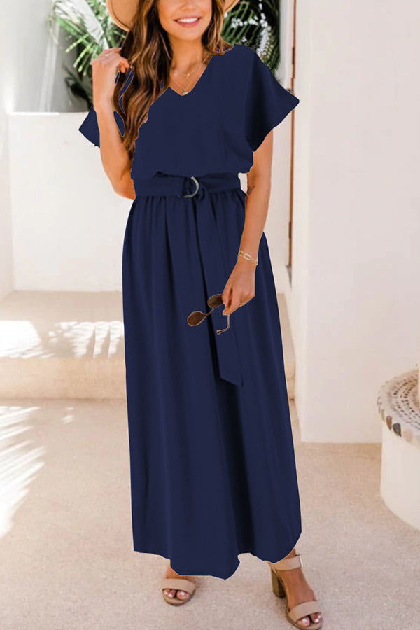 V Neck Belted Maxi Dress