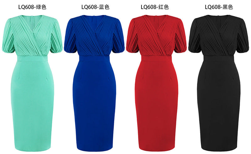 Cross V-Neck Short Sleeve Solid Color Midi Dress