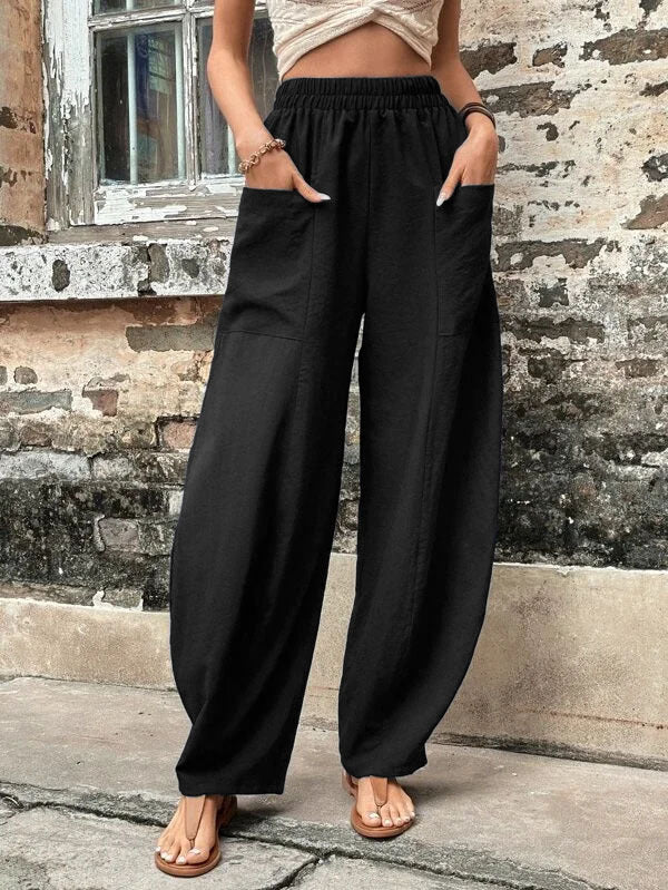 Pantalon Décontracté Couleur Unie Taille Haute avec Poches