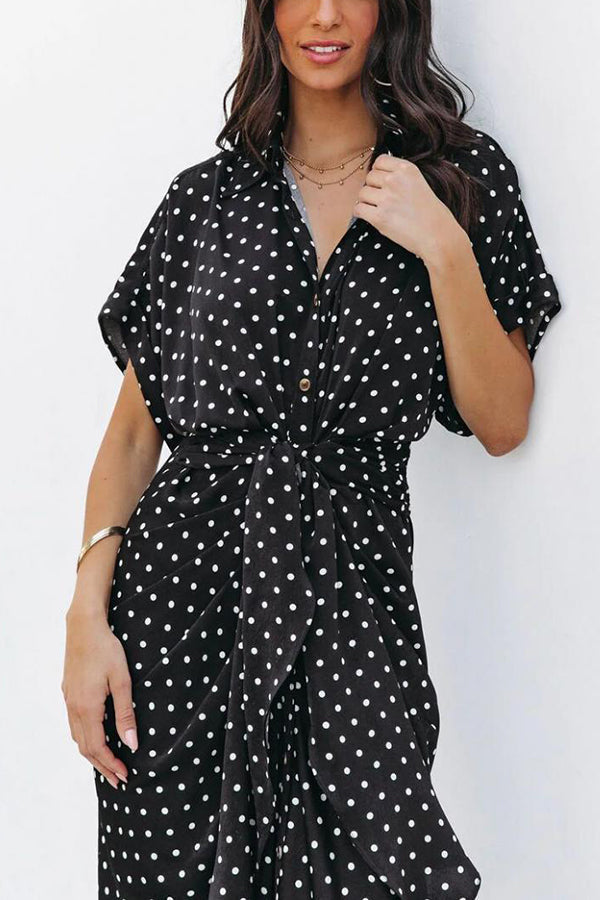 Polka Dot Tie Front Midi Shirt Dress