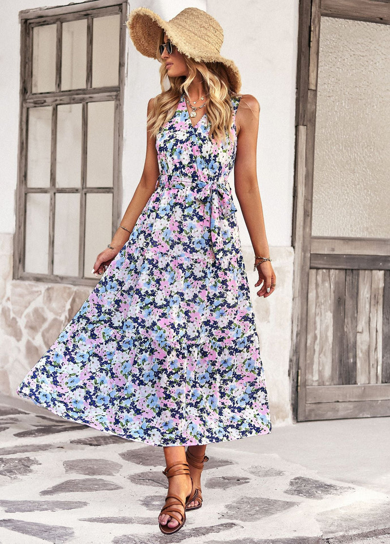 Robe Mi-Longue Evasée Ample Imprimée Floral Col V Sans Manches