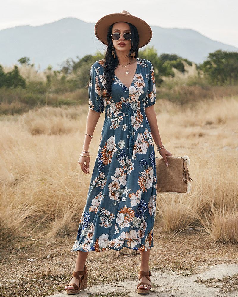 Robe Longue Manches Courtes et Col en V Floral