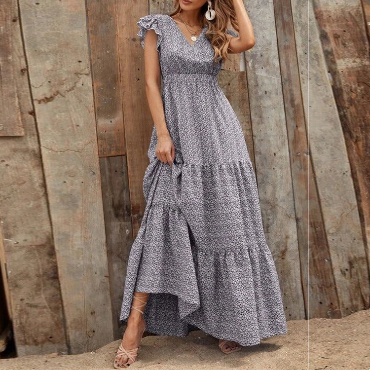 Ruffle Sleeve High Waist V Neck Maxi Dress