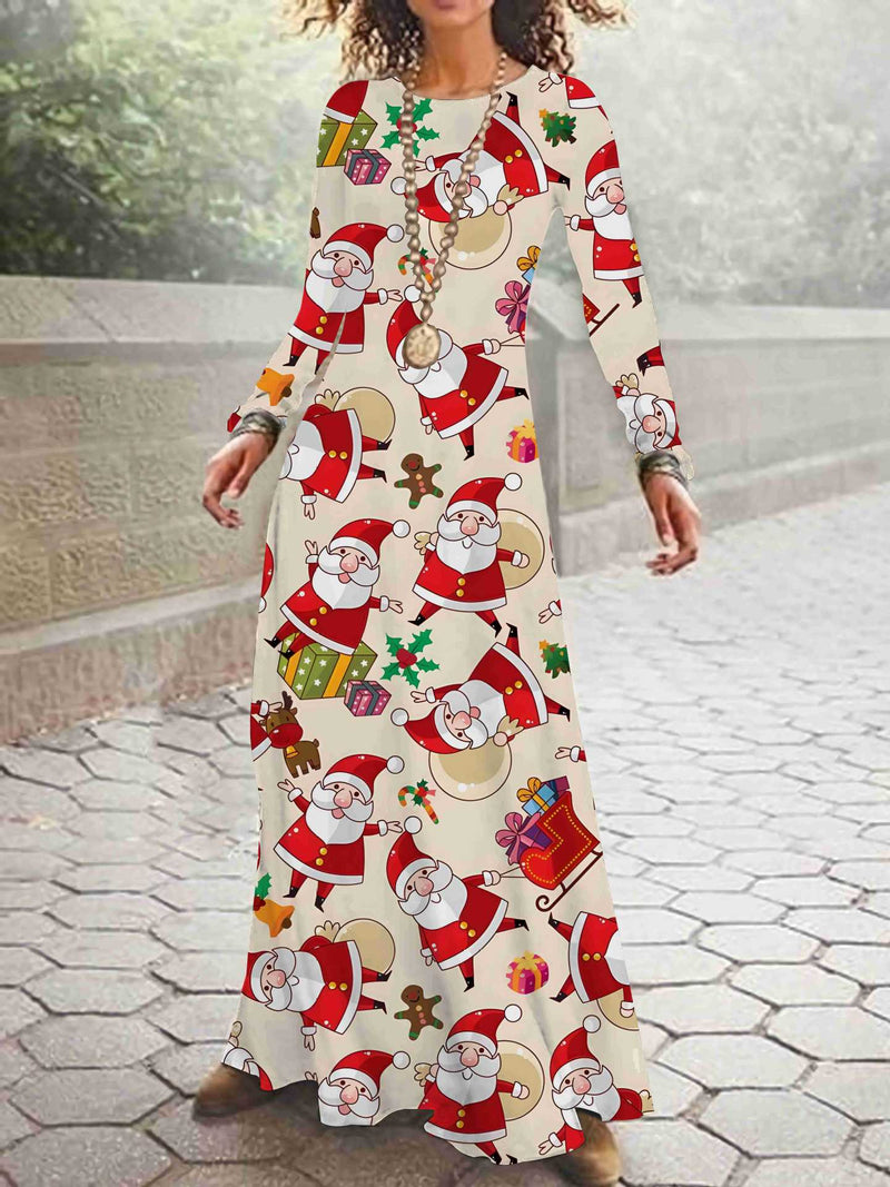 Long Sleeve O-Neck Printed Maxi Christmas Dress