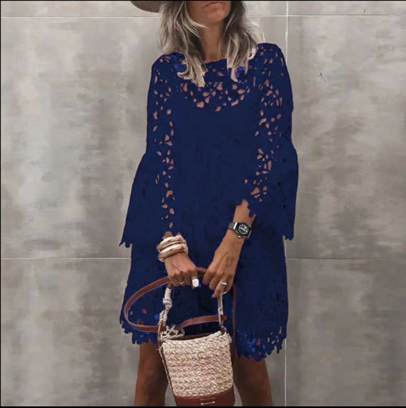 Round Neck Long Sleeve Lace Mini Dress