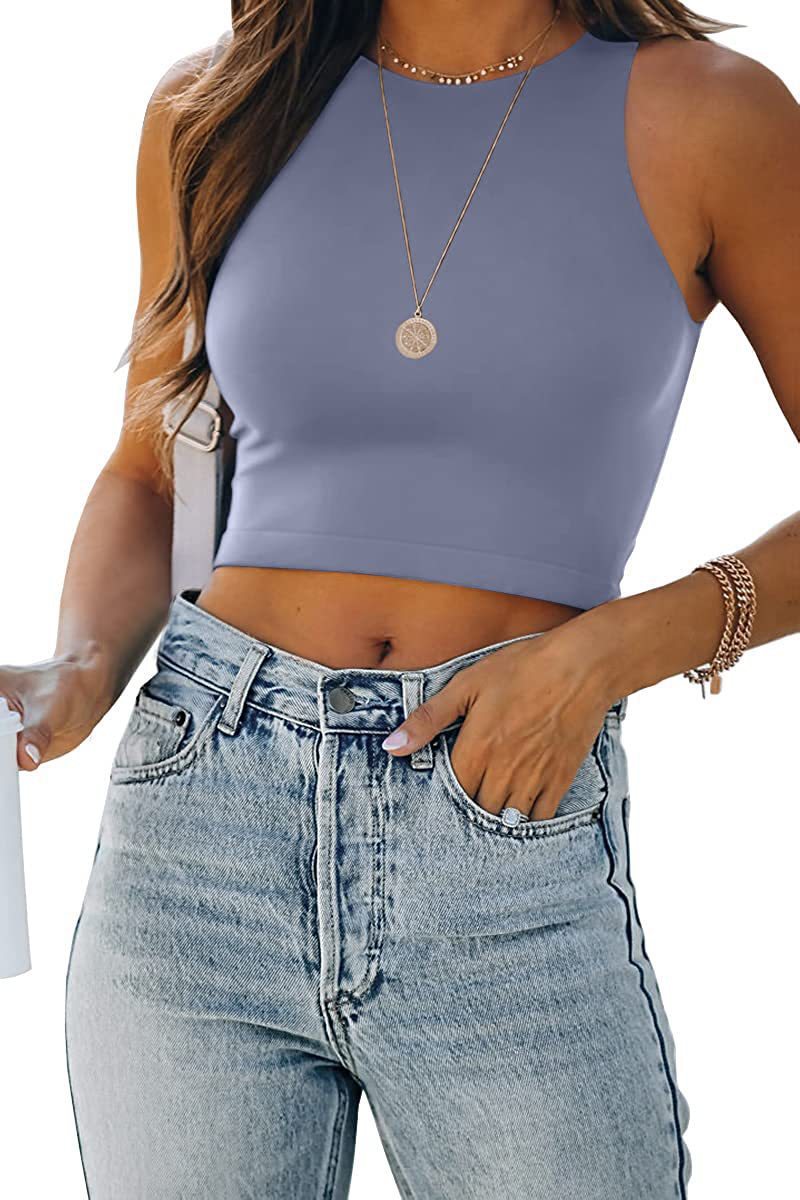 Crop Top Sexy Couleur Unie Sans Manches Col Rond