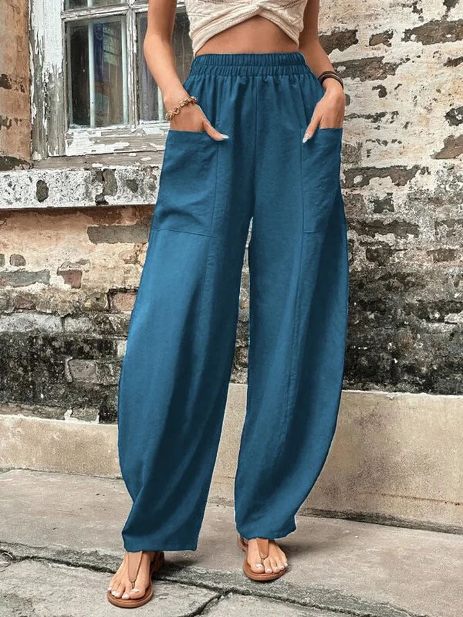 Pantalon Décontracté Couleur Unie Taille Haute avec Poches