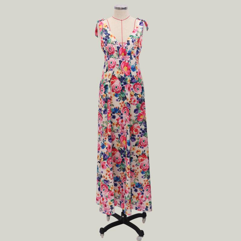 Robe Longue Dos Nu Bretelles Ajustables Col en V Profond Floral