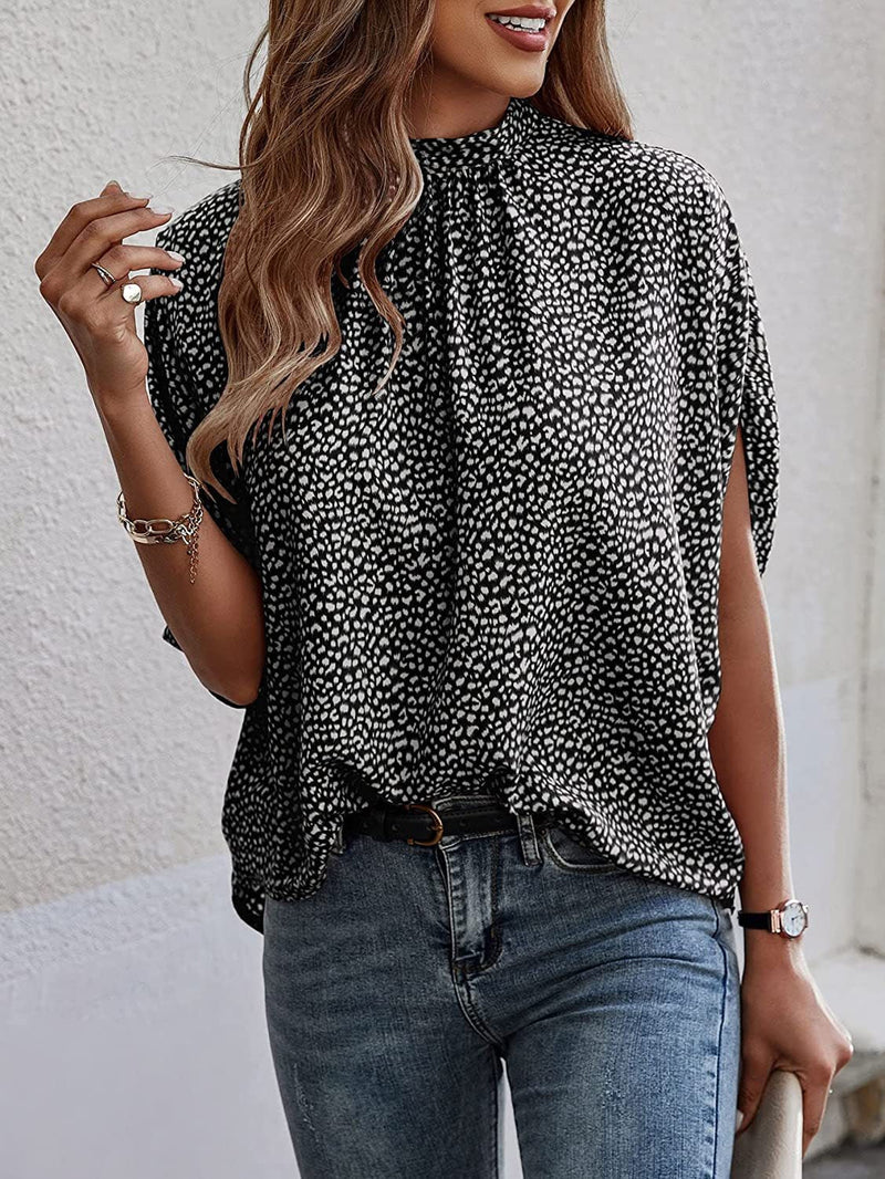 Elegant O-Neck Short Sleeve Printed Loose Blouse Top