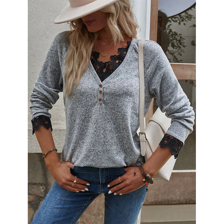 Button Up Long Sleeve V Lace Neck Pullor Top