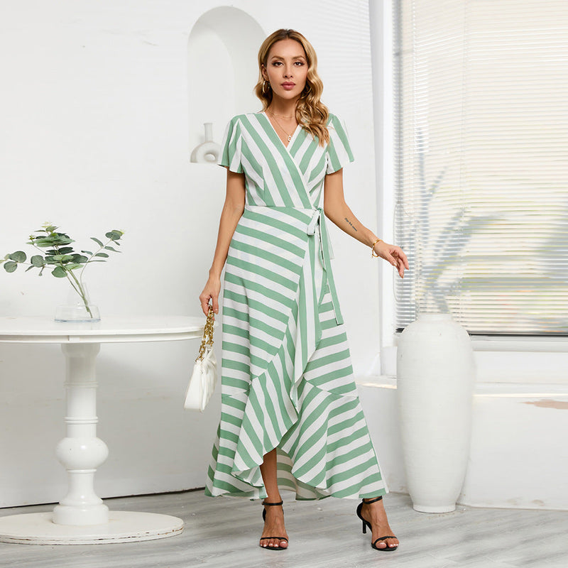 Fashion V-Neck Short Sleeve Striped Loose Maxi Dress