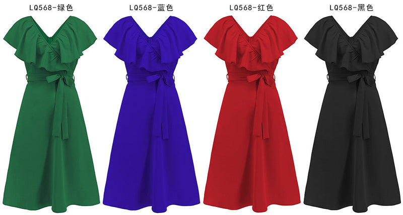 V-Neck Short Sleeve Belted Solid Flared Midi Dress