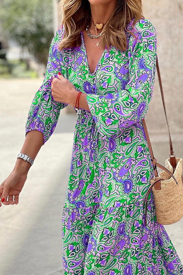 Boho Paisley V Neck Long Sleeve Maxi Dress