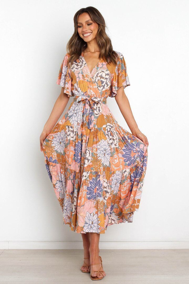 Robe Longue Floral Manches Courtes Col V