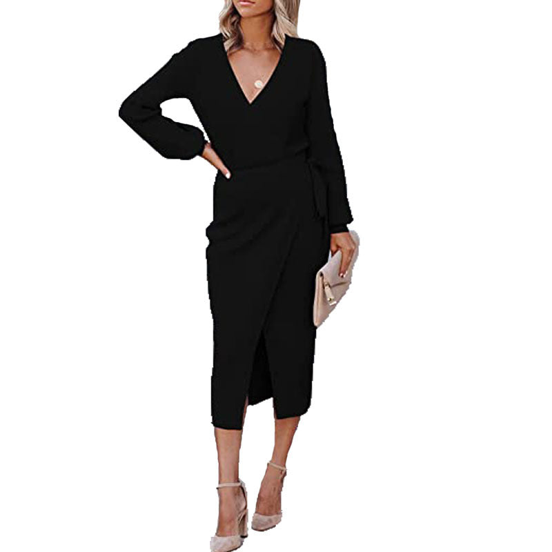 Robe Mi-Longue Porte-Feuille Taille Haute Manches Longues Col V