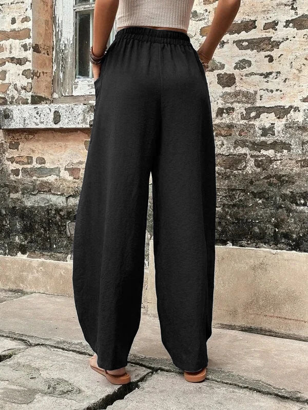 Pantalon Décontracté Couleur Unie Taille Haute avec Poches