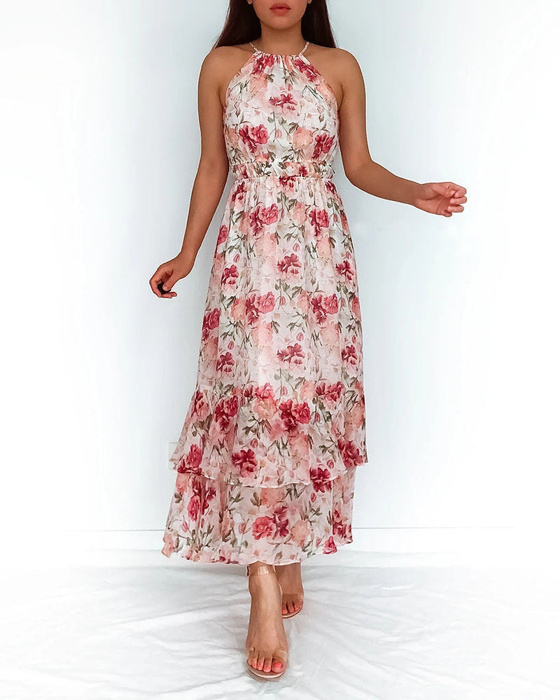 Longue Robe Imprimée Floral Col Rond Sans Manches