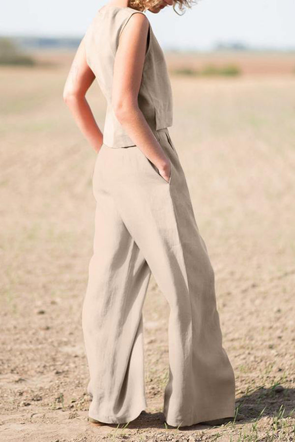 Solid Sleeveless Blouse Pants Set