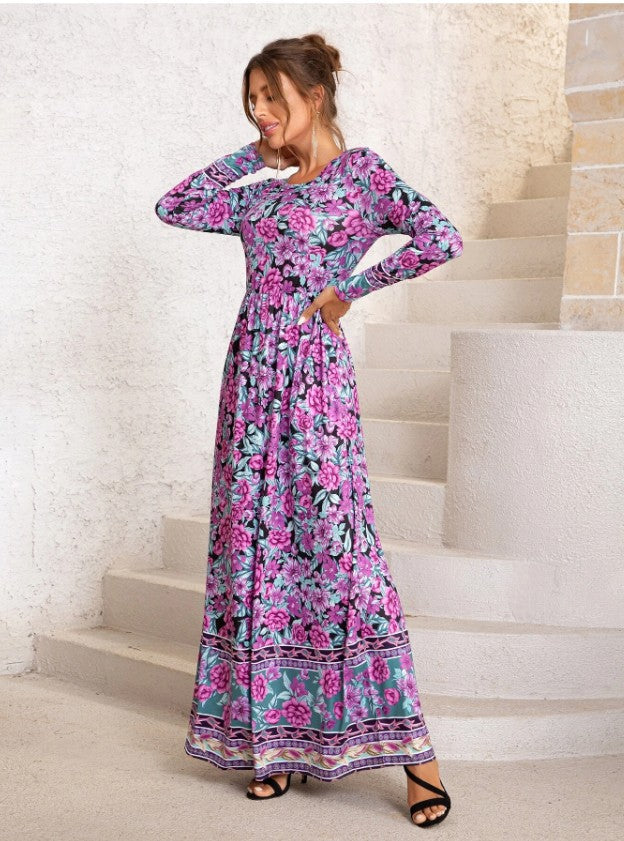 Robe Maxi Col Rond Manches Longues à Imprimé Floral