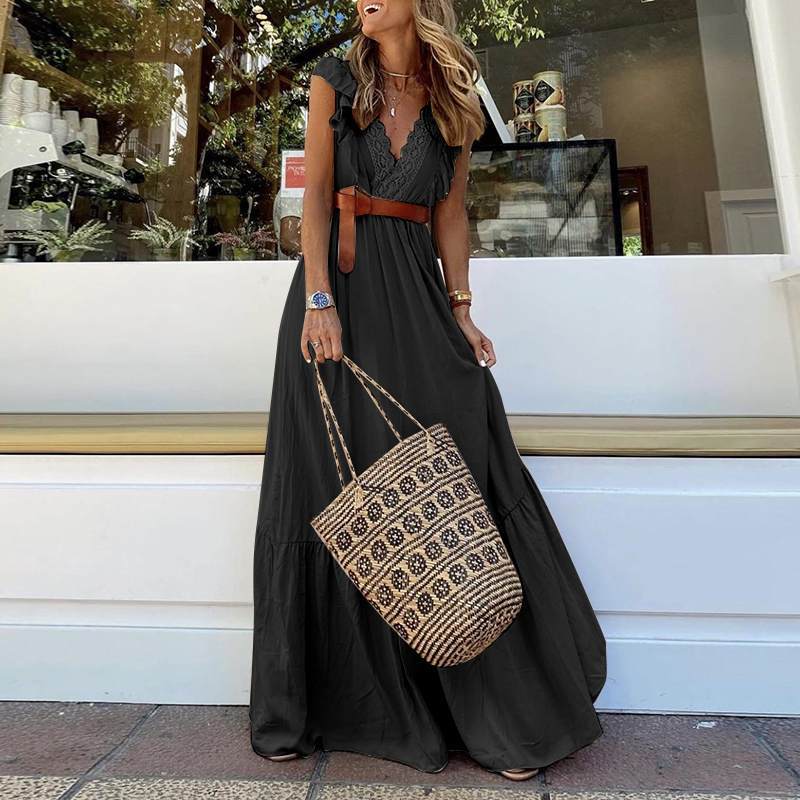 Robe Maxi Ceinturée Col en V Profond Sans Manches