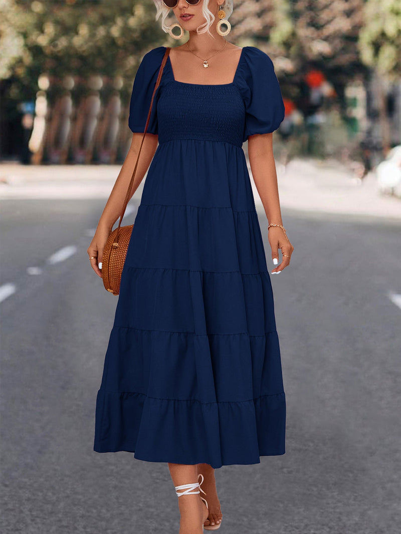 Square Neck Short Sleeve Solid Flared Maxi Dress