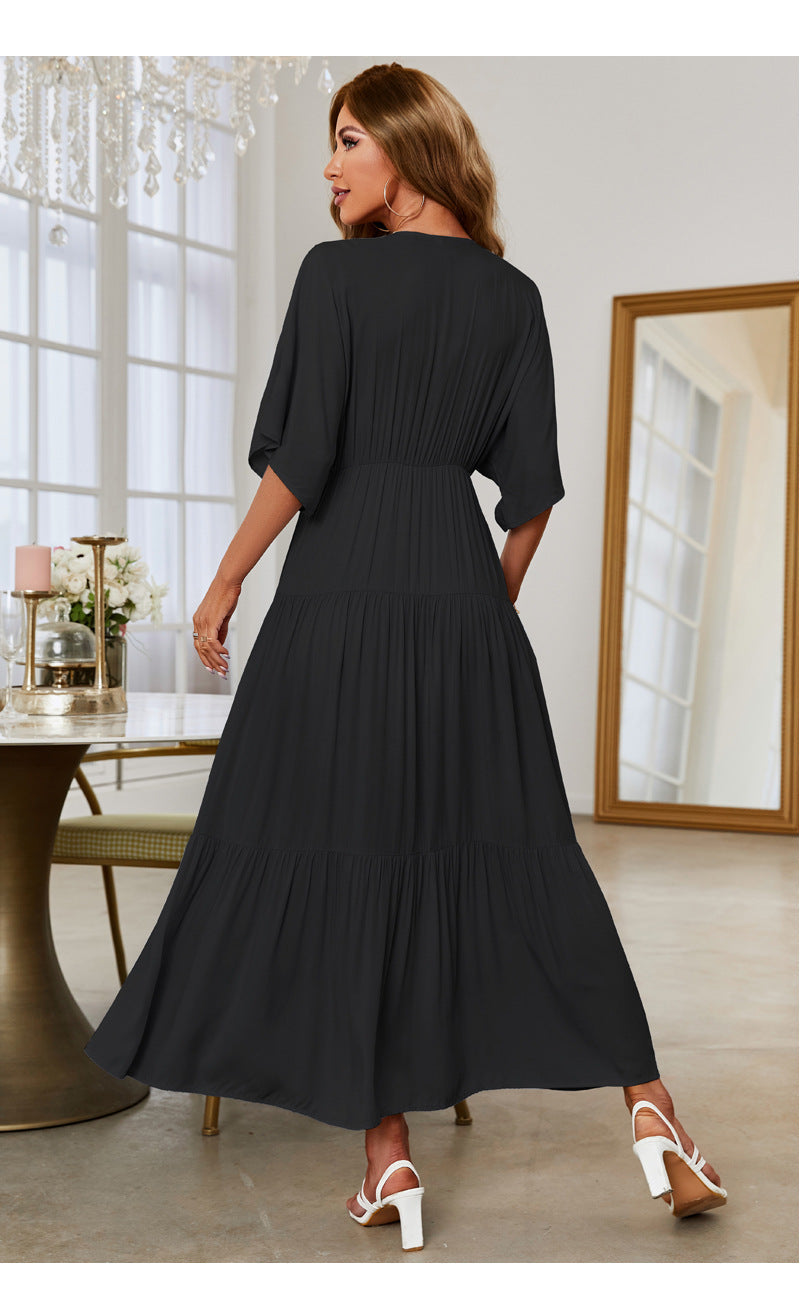 Elegant V-Neck Short Sleeve Solid Flared Maxi Dress