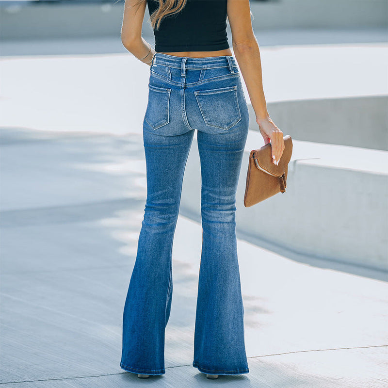 Pantalon Jean Décontracté Jambes Larges à Poches