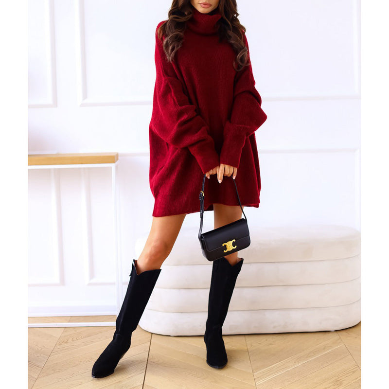 Turttleneck Long Sleeve Loose Knitted Sweater Mini Dress