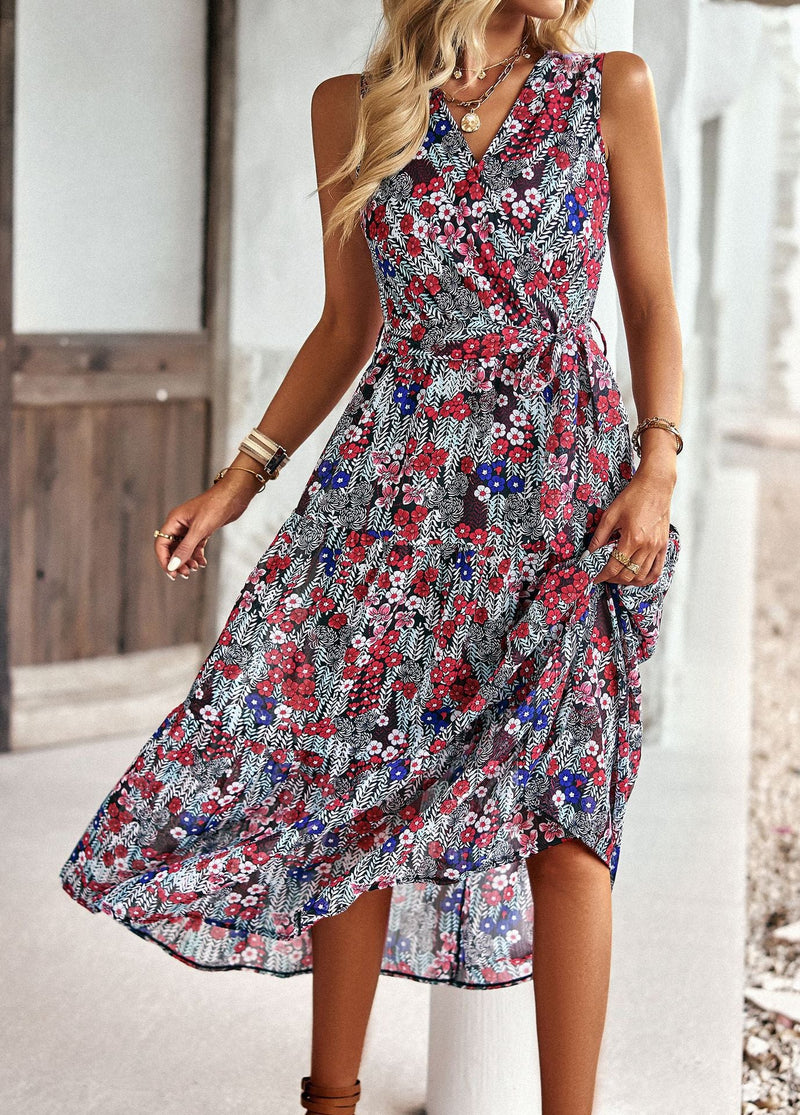 Robe Mi-Longue Evasée Ample Imprimée Floral Col V Sans Manches