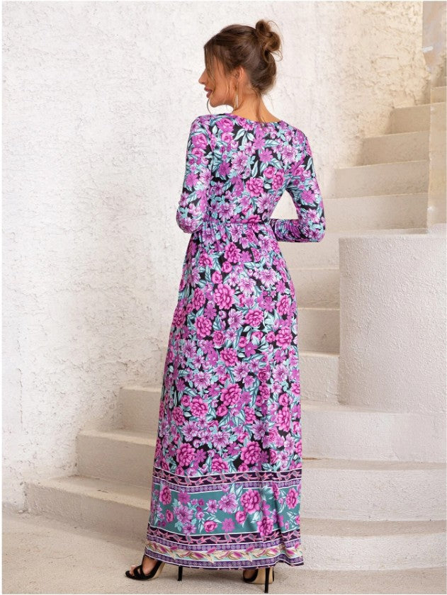 Robe Maxi Col Rond Manches Longues à Imprimé Floral