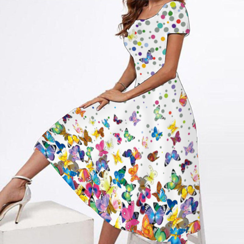 Robe Longue Manches Courtes Col U Floral