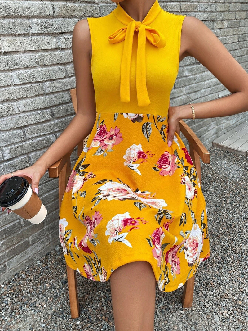 Floral Sleeveless Neck Tie Mini Dress