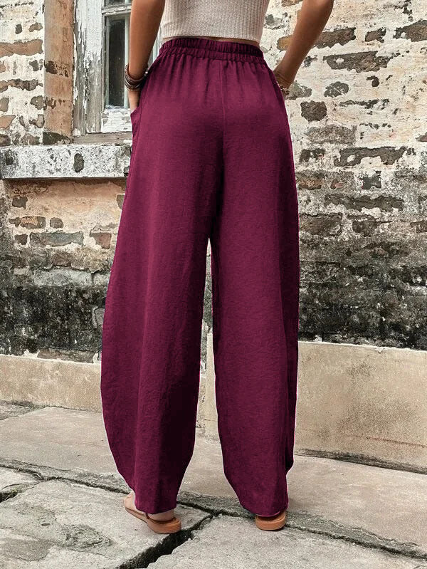 Pantalon Décontracté Couleur Unie Taille Haute avec Poches