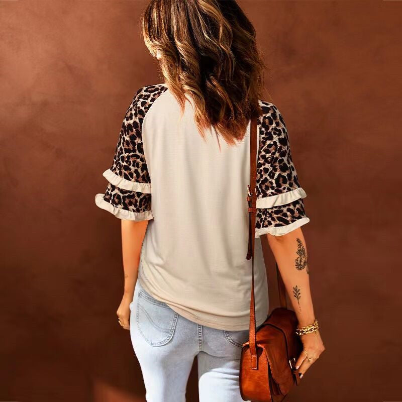 Leopard Sleeve Round Neck Classic Blouse Top