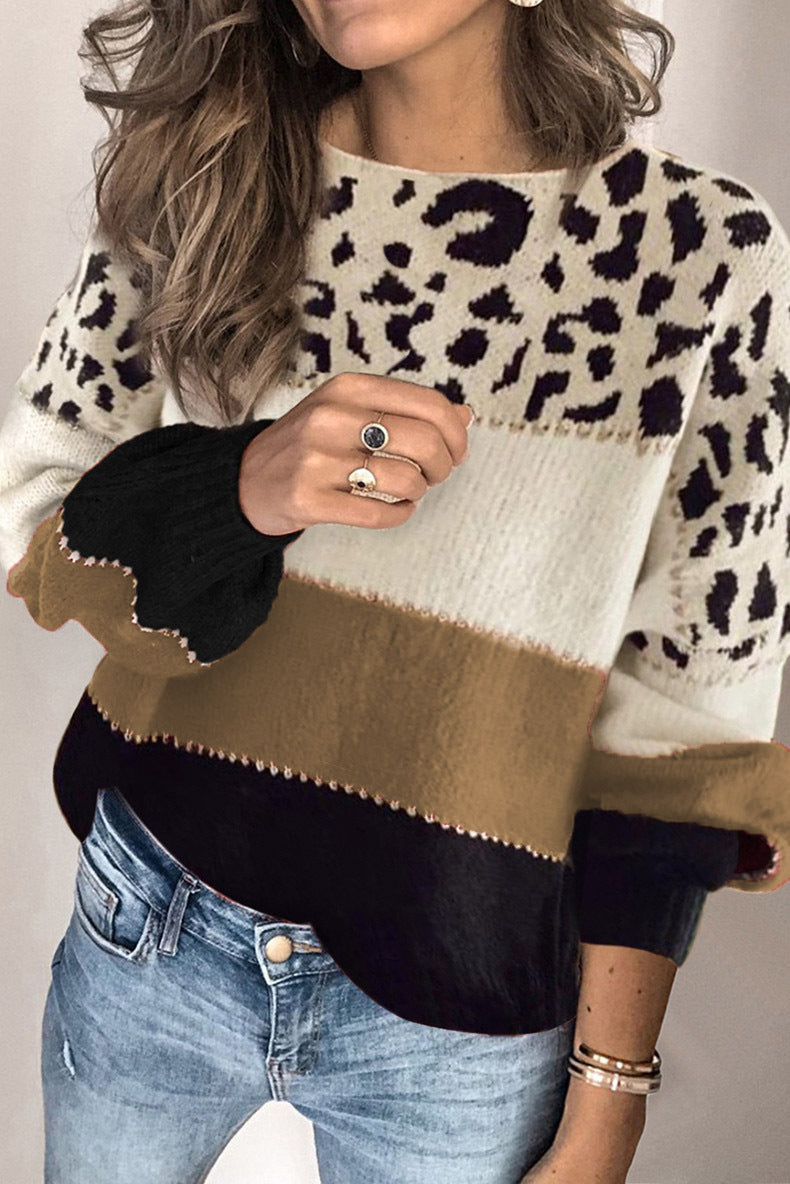 Round Neck Long Sleeve Cheetah Printed Loose Sweatshirt