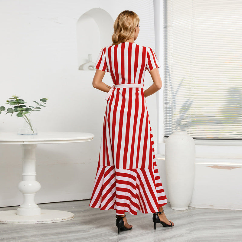 Fashion V-Neck Short Sleeve Striped Loose Maxi Dress