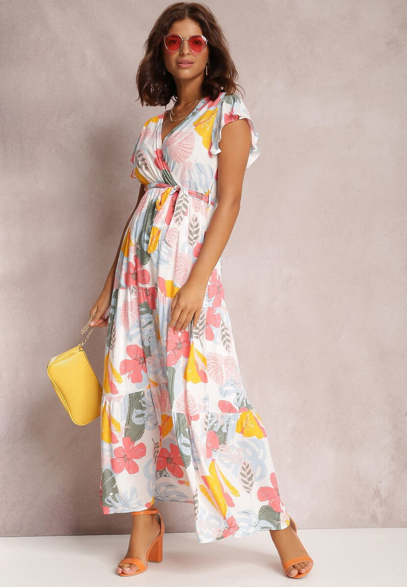 Floral Long Sleeve Cap Sleeve V Neck Maxi Dress