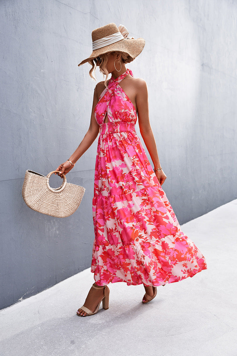 Robe Longue Sans Manches Floral et Col Licou