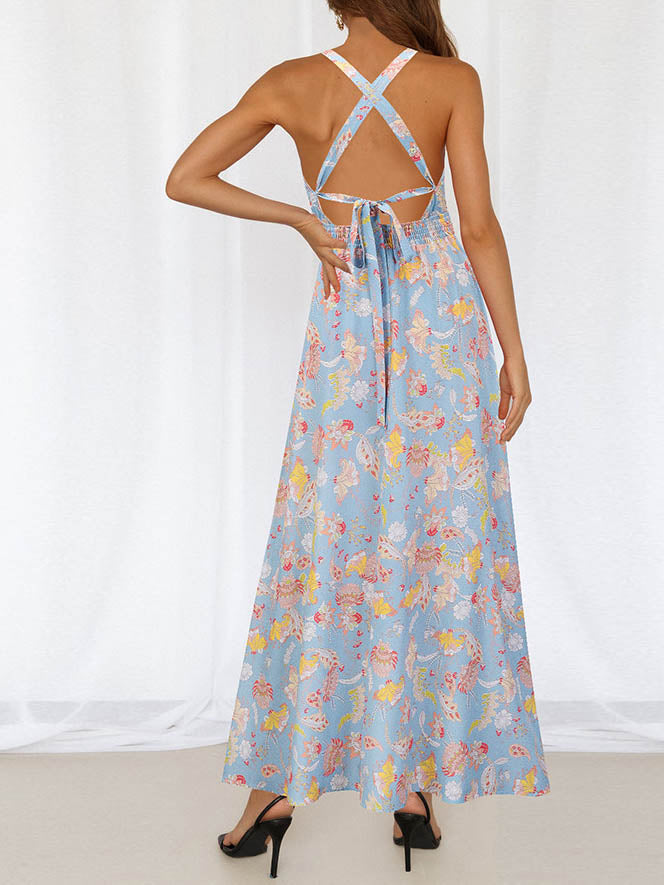 Robe Maxi Florale Sans Manches Col Halter Dos Croisé