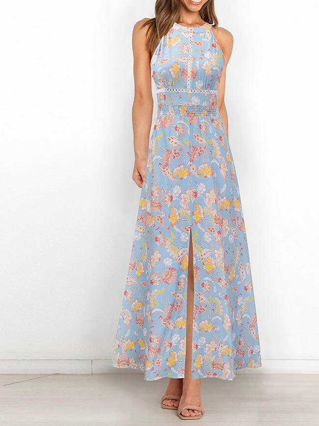 Robe Maxi Florale Sans Manches Col Halter Dos Croisé