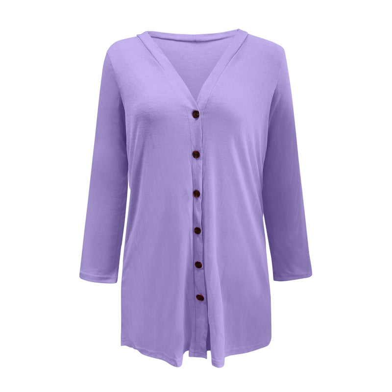 Top Ample Boutonné Col V Couleur Unie