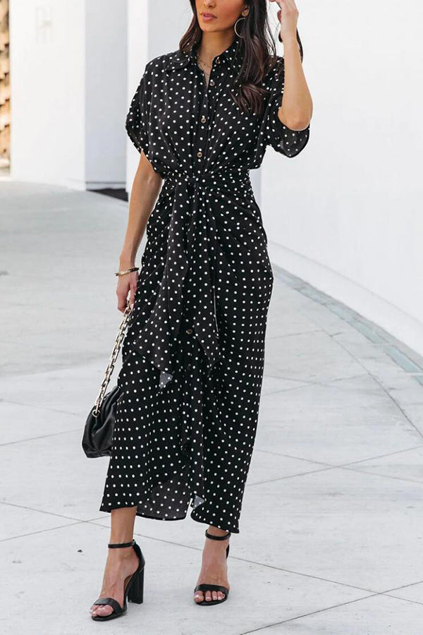 Polka Dot Tie Front Midi Shirt Dress