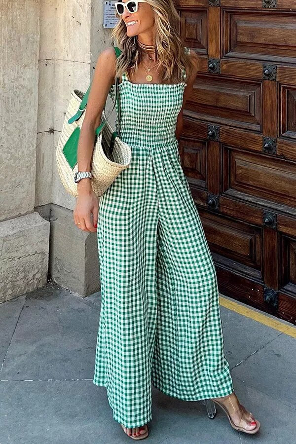 Plaid Smocked Wide Leg Jumpsuit