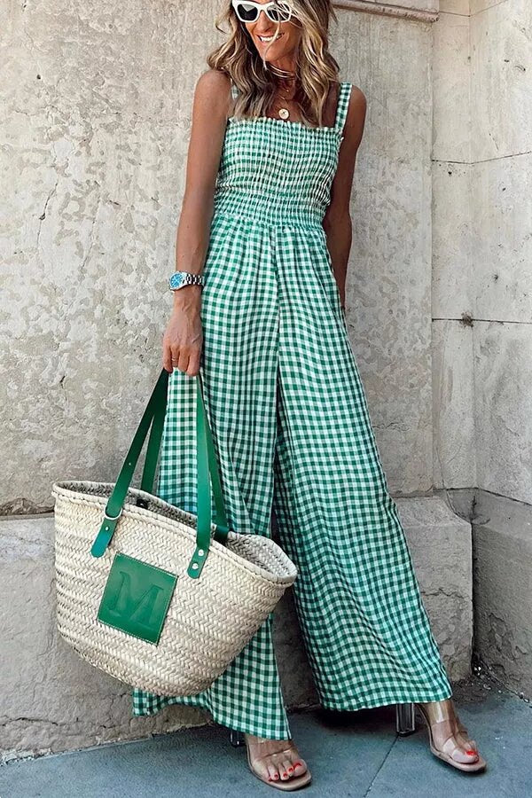 Plaid Smocked Wide Leg Jumpsuit