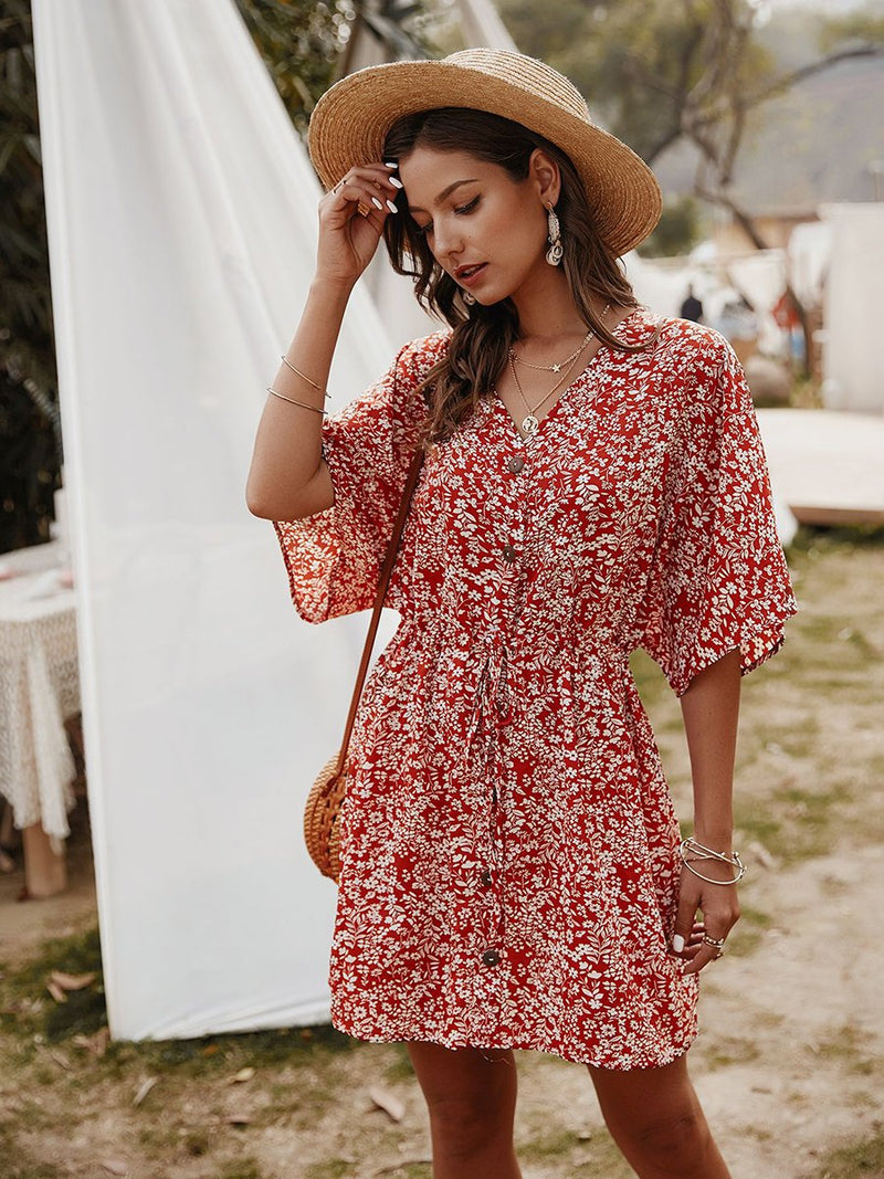 Robe Floral Col en V Demi-Manches  