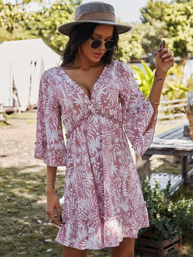 Robe Floral Manches Courtes en Col V Profond