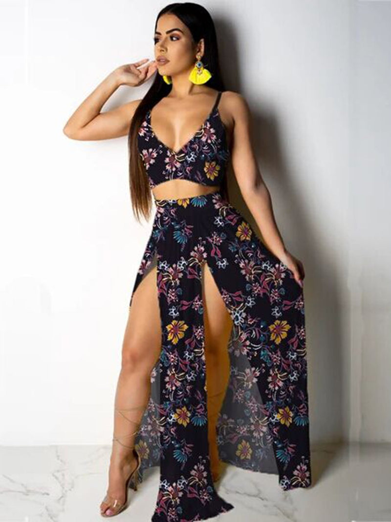 Ensemble Col en V Profond Crop Top Robes Maxi Fendues